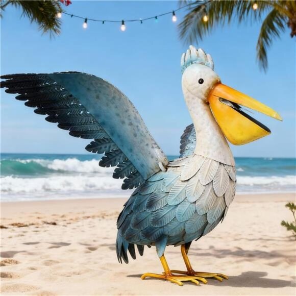 Metal Pelican Garden Statue Coastal Bird Garden Decor